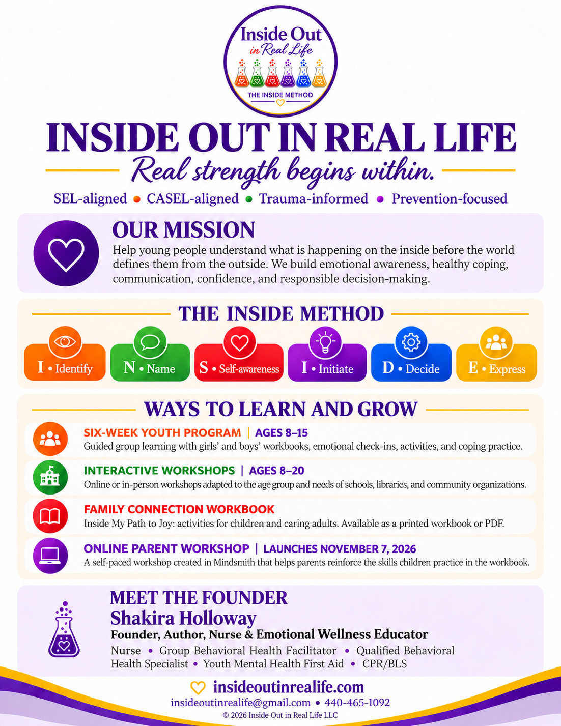 Inside Out in Real Life mission, INSIDE Method, programs, and founder overview. Six-week program ages 8–15; interactive workshops ages 8–20; family workbook; parent workshop launching November 7, 2026. Contact insideoutinrealife@gmail.com or 440-465-1092.
