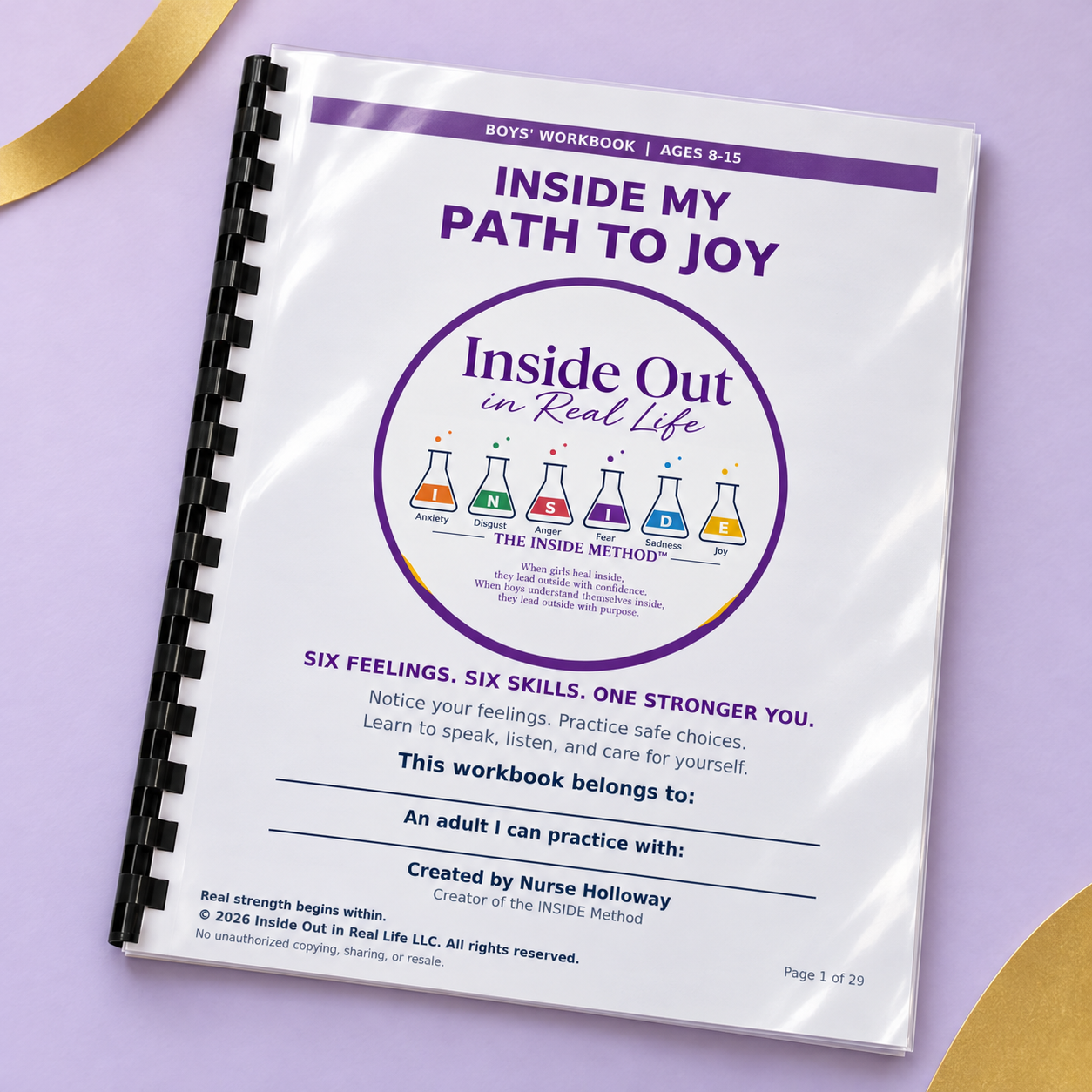 Boys’ Edition INSIDE My Path to Joy workbook with a clear cover and black comb binding