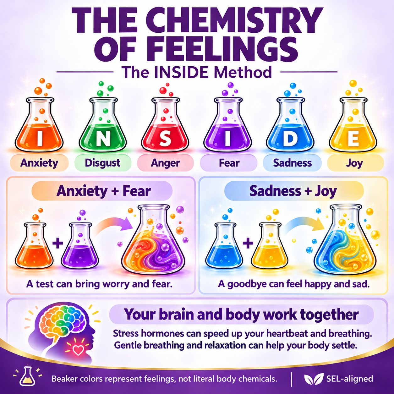 INSIDE beakers in Anxiety-to-Joy order, with Anxiety plus Fear and Sadness plus Joy examples and an explanation of the body’s stress response